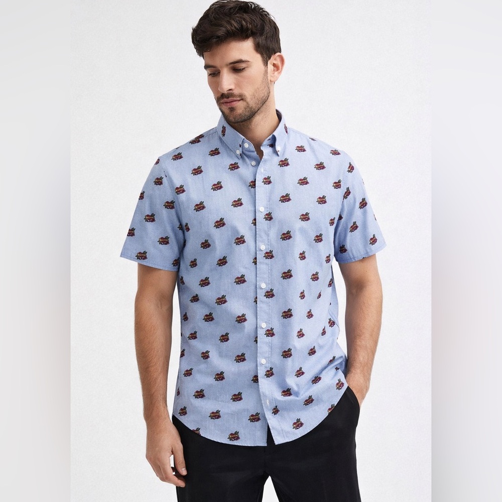 ZARA Men’s Short Sleeve Button Down Shirt | Blue Mom Heart Print